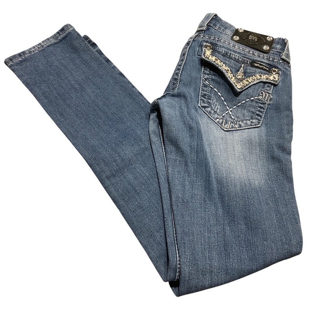 Miss Me Skinny Jeans Womens 27 Studded Rhinestone Blue Stretch Thick Stitch Den